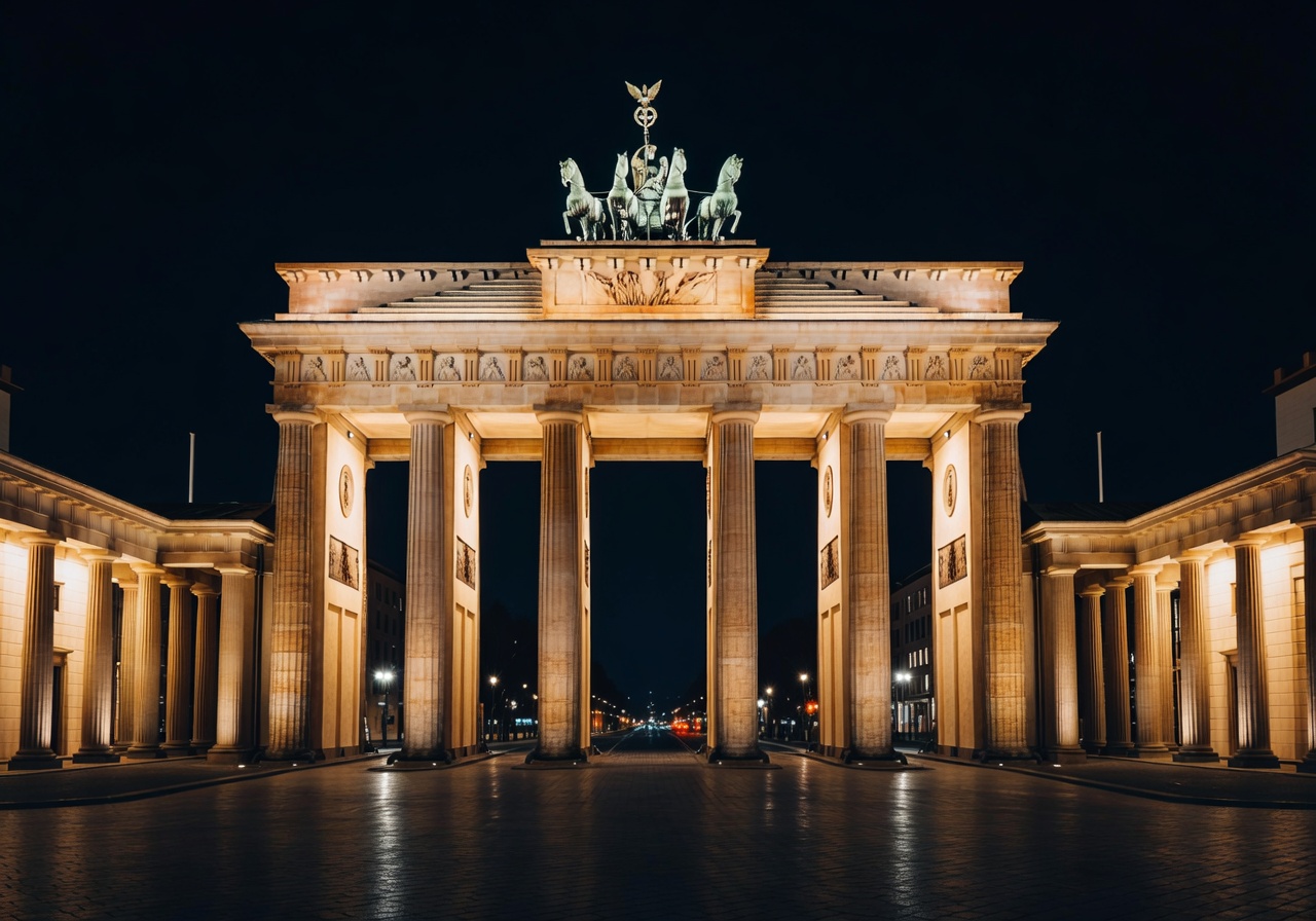 Brandenburg Gate illuminated at night in Berlin, Germany