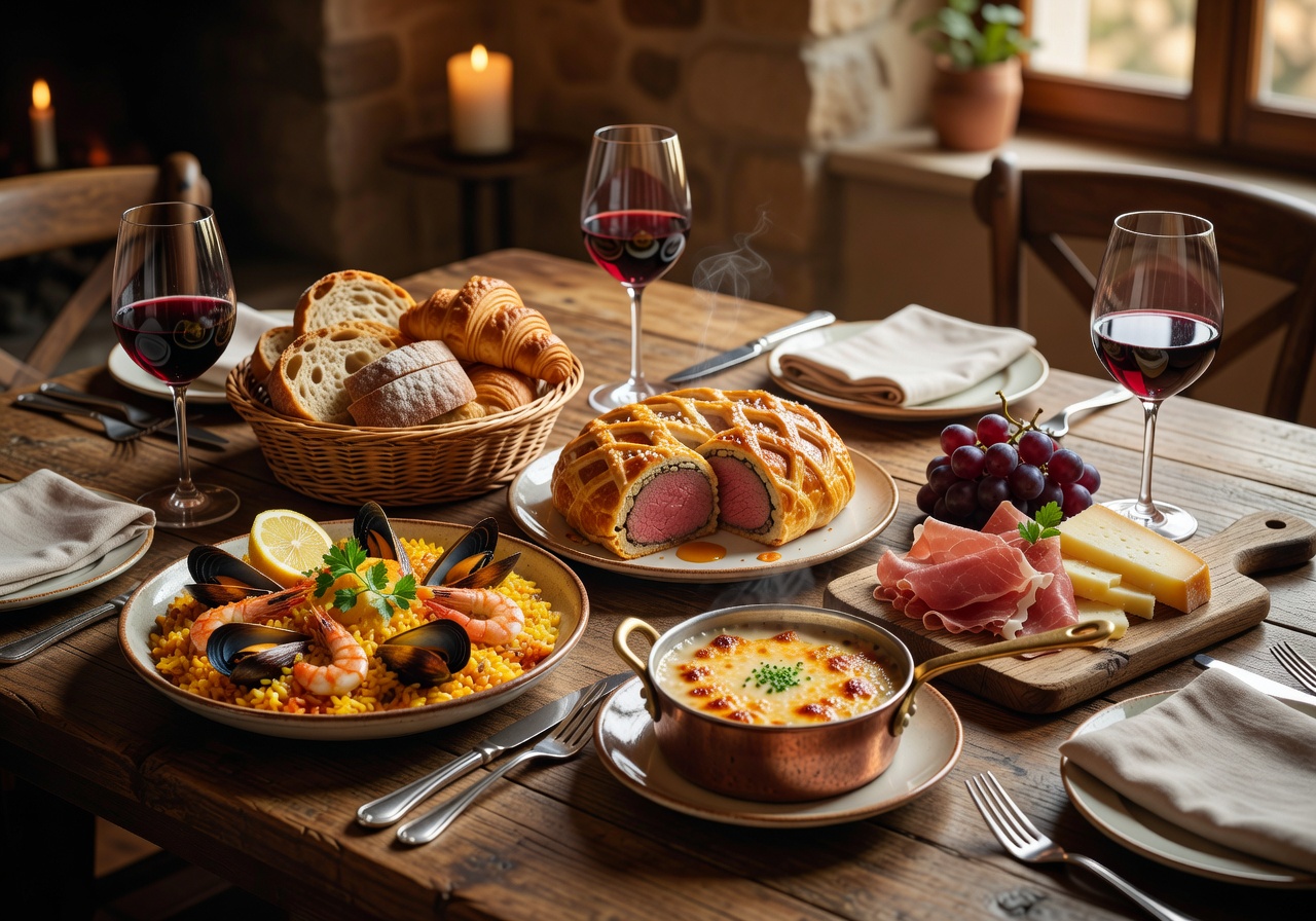 Delicious gourmet European food spread on a table