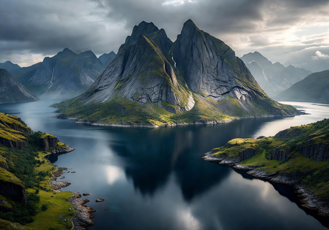 Scenic red cabins and mountains in Lofoten Islands, Norway