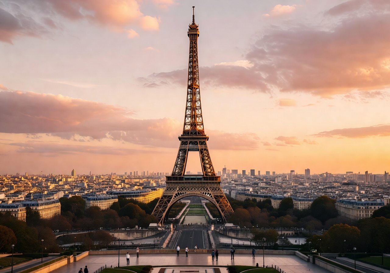 Eiffel Tower at sunset in Paris, France