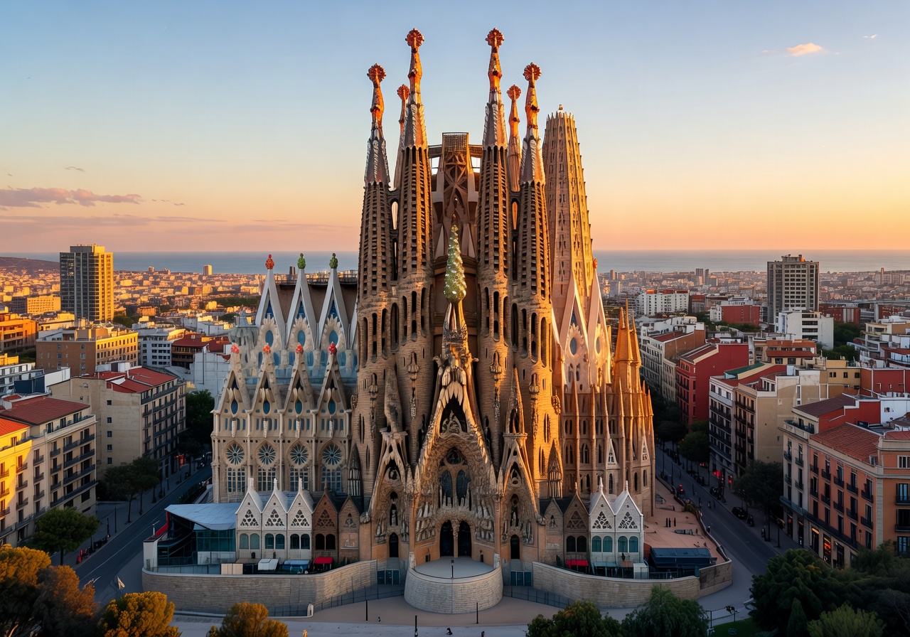 Sagrada Familia and city skyline of Barcelona, Spain