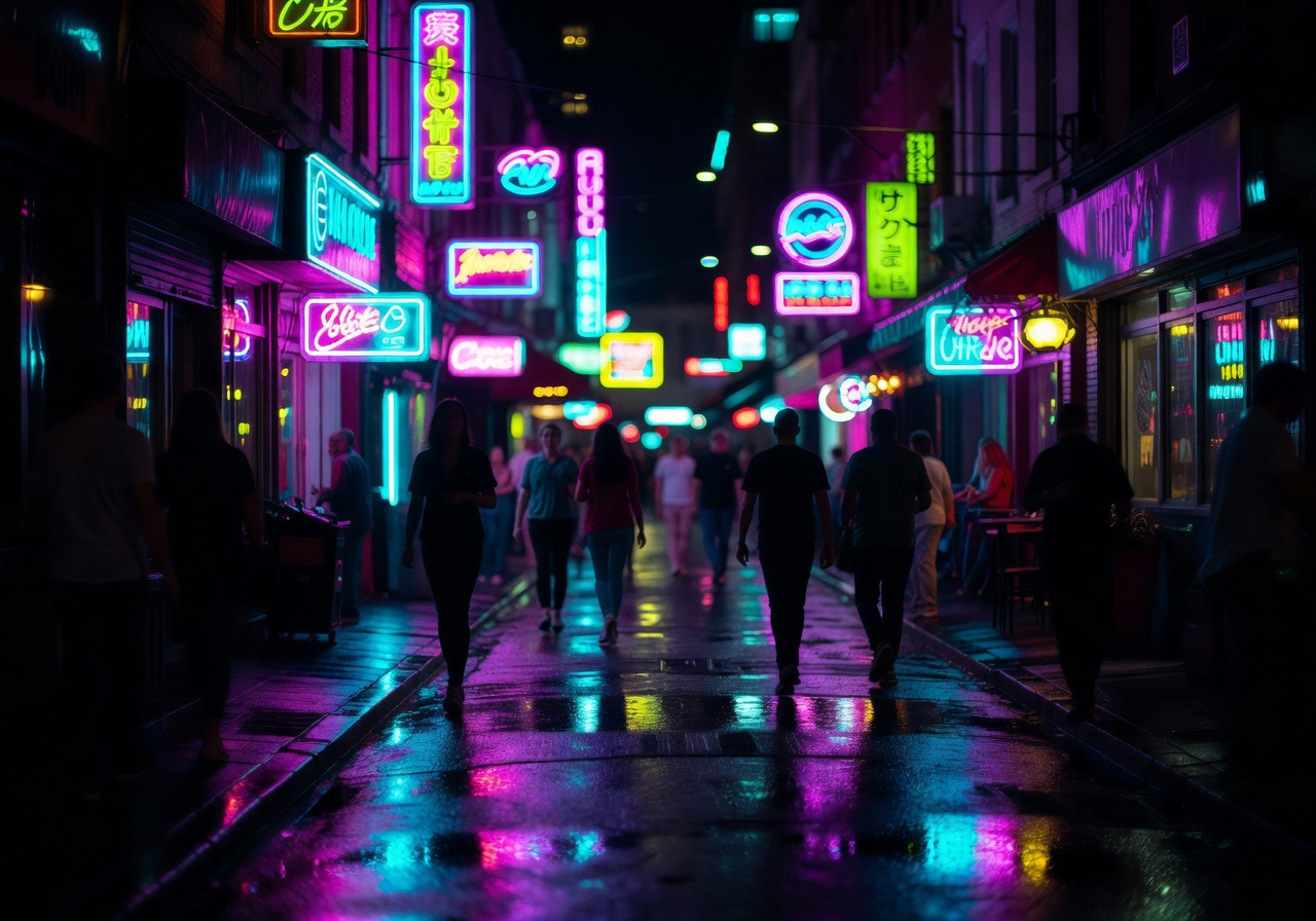 Vibrant neon lights and nightlife scene