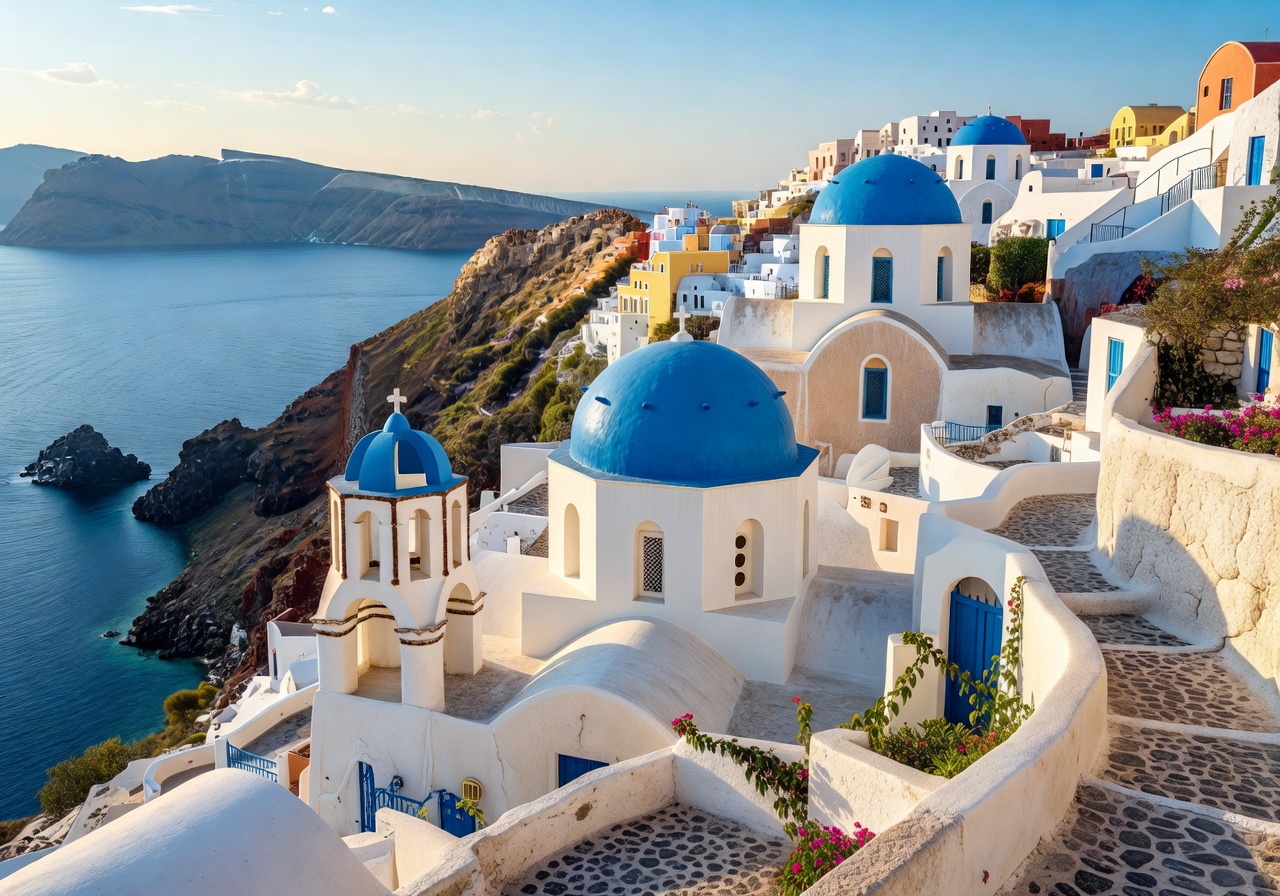White and blue domed buildings in Santorini, Greece