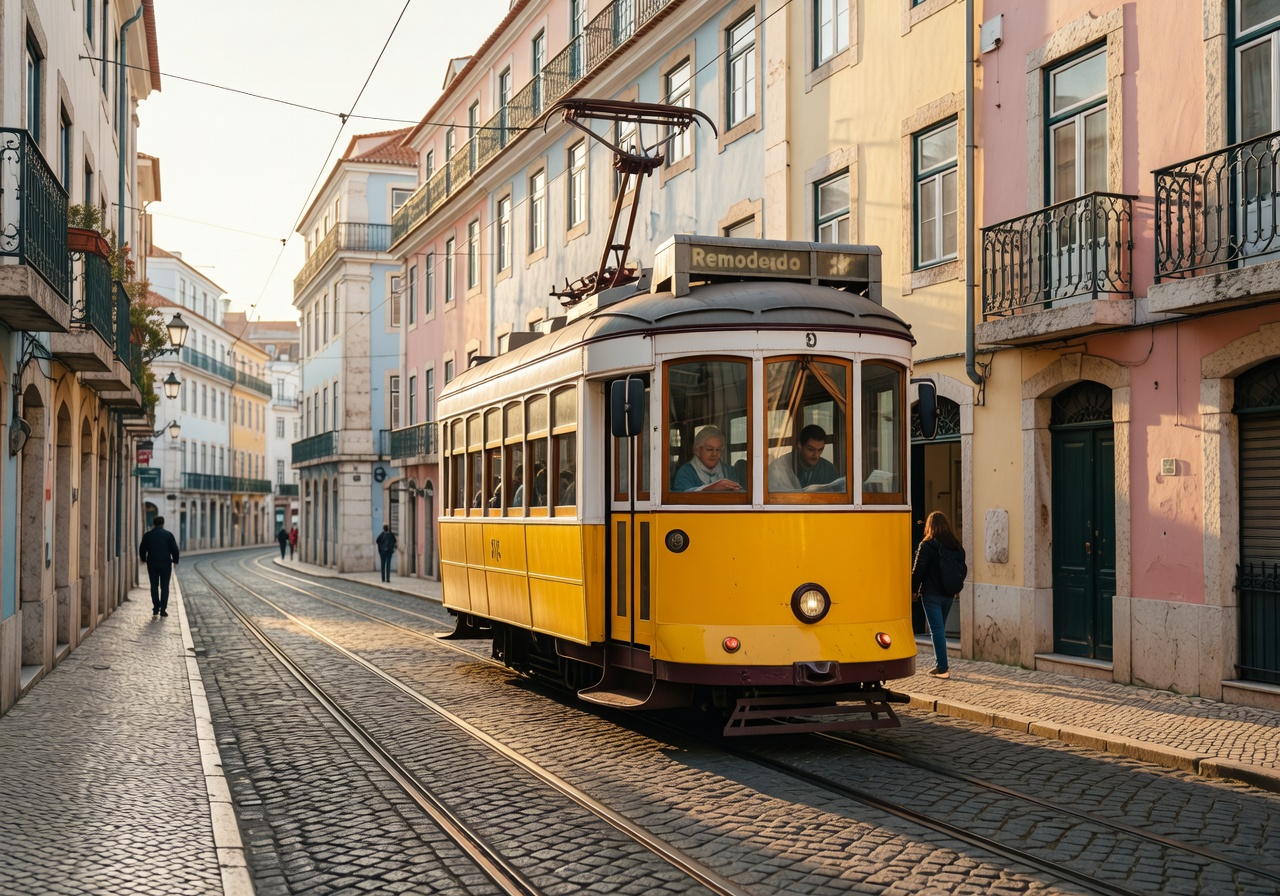 Yellow tram in the streets of Lisbon, Portugal
